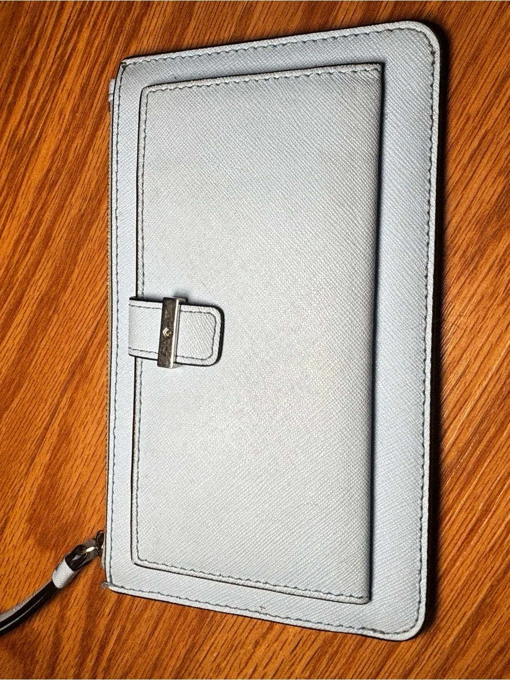 kate spade powder blue leather card wallet with gold logo